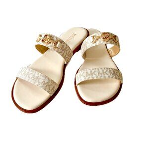 Michael Kors Wm Sz 8 SlipOn Flat Sandal Ivory Tan Logo Leather Gold Bar Logo NWT